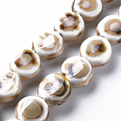 White Handmade Porcelain Ceramic Beads Strands, Famille Rose Style, Flat Round, White, 12x7mm, Hole: 2mm, about 28~29pcs/strand, 12.28~12.72 inch(31.2~32.3cm)