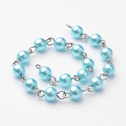 Light Sky Blue Handmade Glass Pearl Beads Chains, with Iron Eye Pin, Unwelded, Platinum, Light Sky Blue, 6mm, about 1m/strand, 39.3 inch/strand