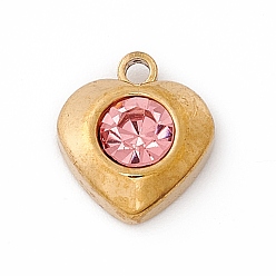 Rose 304 Stainless Steel Pendants, with Rhinestone, Heart, Golden, Rose, 10.5x9.5x4mm, Hole: 1.4mm