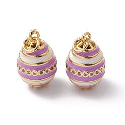 Violet Rack Plating Brass Enamel Pendants, with Cubic Zirconia, Oval Charm, with Jump Ring, Long-Lasting Plated, Real 18K Gold Plated, Violet, 21x13mm, Jump Ring: 6x1mm, inner diameter: 4mm.