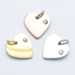 Mixed Color 316 Surgical Stainless Steel Pendants, with Cubic Zirconia, Heart, Clear, Mixed Color, 12x12x2mm, Hole: 3mm