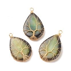 Green Natural Crackle Agate Pendants, Dyed, with Golden Tone Eco-Friendly Copper Wire Wrapped, Teardrop with Tree, Green, 49~52x31~32x9~11mm, Hole: 3.2~3.8mm