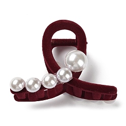 Dark Red Flocking Plastic Claw Hair Clip, with Plastic Imitation Pearls, for Women Girls Thick Hair, Dark Red, 82x60x47mm