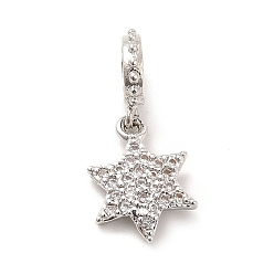 Real Platinum Plated Rack Plating Brass Micro Pave Cubic Zirconia European Dangle Charms, Large Hole Pendants, Star of David Charm, Long-Lasting Plated, Cadmium Free & Lead Free, Real Platinum Plated, 19mm, Hole: 4mm, Star: 12.5x9x2mm