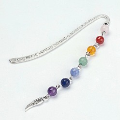 Antique Silver Tibetan Style Alloy Bookmarks, with Mixed Gemstone Beads, Chakra Theme, Wing, Antique Silver, 83.5x13x1.5mm