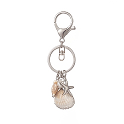 Platine Porte-clés pendentif étoile de mer coquillage, avec porte-clés fendus en alliage et pendentif poisson en laiton émaillé, tortue, platine, 10.1 cm