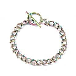 Rainbow Color Ion Plating(IP) 304 Stainless Steel Curb Chain Bracelet with Toggle Clasp for Women, Rainbow Color, 8-5/8 inch(22cm)