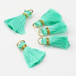 Turquoise Moyen Gland de nylon pendentif décoration, avec les accessoires en laiton, or, turquoise moyen, 23~27x5mm, Trou: 4mm