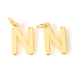 Letter N Brass Charms, with Jump Rings, Letter, Real 18K Gold Plated, Letter.N, N: 10x6.5x1mm, Hole: 2.5mm