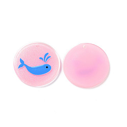 Pearl Pink Acrylic Pendants, with Enamel and Glitter Powder, Flat Round with Dolphin Pattern, Pearl Pink, 24x2mm, Hole: 1.5mm