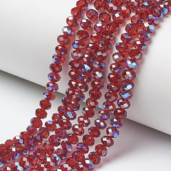 FireBrick Electroplate Glass Beads Strands, Half Plated, Blue Plated, Faceted, Rondelle, FireBrick, 3.5x3mm, Hole: 0.4mm, about 123~127pcs/strand, 13.7~14.1 inch(35~36cm)