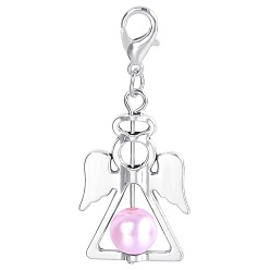Pearl Pink Alloy Angel Pendant Decorations, with CCB Imitation Pearl, Pearl Pink, 4.4x1.9cm