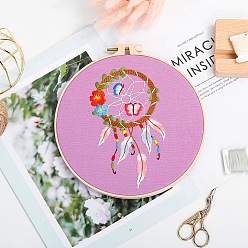 Pearl Pink DIY Woven Net/Web with Feather Pattern Embroidery Kit, Including Imitation Bamboo Frame, Iron Pins, Cloth, Colorful Threads, Pearl Pink, 213x201x9.5mm, Inner Diameter: 183mm