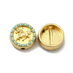 Золотой Сплавочные бусины, с синтетическими бирюзовый, плоские круглые с лошадью, золотые, 12x5 мм, отверстие : 1.6 мм