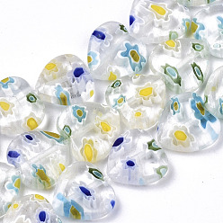 White Handmade Millefiori Lampwork Beads Strands, Heart, White, 11~12x12x4~5mm, Hole: 1mm, about 32~33pcs/strand, 12.72 inch~13.78 inch(32.3~35cm)