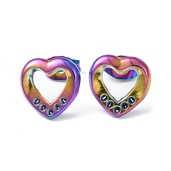 Rainbow Color Ion Plating(IP) 304 Stainless Steel Hollow Out Heart Stud Earring Finding, Earring Settings for Rhinestone, Rainbow Color, 11x11mm, Pin: 0.8mm, Fit for 1mm Rhinestone