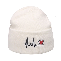 Cœur Bonnet à revers en fil de fibre de polyacrylonitrile, bonnet d'hiver en tricot pour femme, blanc, motif sur le thème de la saint-valentin, 300x185x18mm