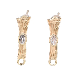 Clear Brass Micro Pave Cubic Zirconia Stud Earring Findings, with Horizontal Loops, Nickel Free, Bamboo Stick, Real 18K Gold Plated, Clear, 16x4.5mm, Hole: 1.2mm, Pin: 0.8mm