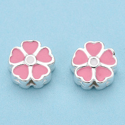Pink 925 perles en argent sterling, avec l'émail, fleur, rose, 7.5x8x3.5mm, Trou: 1.5mm