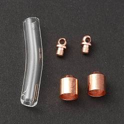 Oro Rosa Colgante de vial de vidrio transparente conectores de enlace normal, botella de deseo que se puede abrir de tubo curvo con accesorios de latón y aleación para hacer joyas, oro rosa, 48x8x7 mm, agujero: 1.8 mm