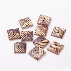 Coconut Brown 2-Hole Coconut Buttons, Square, Coconut Brown, 20x20x3~5mm, Hole: 2mm