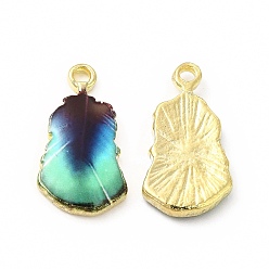Pale Turquoise Rack Plating Alloy Pendants, Printed, Lead Free & Cadmium Free & Nickel Free, Leaf Charm, Light Gold, Pale Turquoise, 19x10.5x2.5mm, Hole: 1.6mm