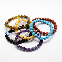 Mixed Stone Natural & Synthetic Gemstone Beaded Stretch Bracelets, Round, 52mm, Bead: 8mm in diameter