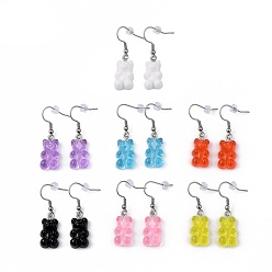Mixed Color Resin Dangle Earrings, with 304 Stainless Steel Earring Hoops and Plastic Ear Nuts, Bear, Mixed Color, 39mm, Pin: 0.7mm