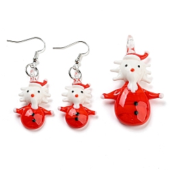 Red Christmas Handmade Lampwork Jewelry Sets, Dangle Earrings and Pendants, with Brass Earring Hooks and Jump Rings, Santa Claus, Red, Earring: 56mm, Pin: 0.6mm, Pendant: 54x32x15mm, Hole: 6.5mm