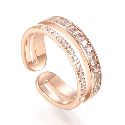Rose Gold 304 Stainless Steel Cuff Rings, Open Rings, with Clear Cubic Zirconia, Rose Gold, Size 6~9, Inner Diameter: 16~19mm