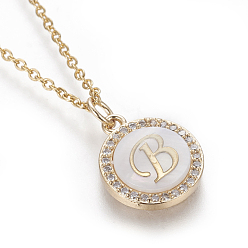 Letter B Brass Initial Pendant Necklaces, with Shell, Cubic Zirconia and 304 Stainless Steel Cable Chains, Flat Round with Letter, Letter.B, 17.5 inch(44.5cm), 1.5mm