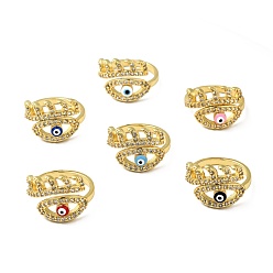 Mixed Color Enamel Horse Eye Open Cuff Ring with Clear Cubic Zirconia, Gold Plated Brass Jewelry for Wome, Lead Free & Cadmium Free, Mixed Color, US Size 7(17.3mm)
