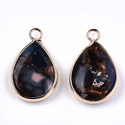 Blue Teardrop Assembled Synthetic Bronzite and Regalite/Imperial Jasper Pendants, with Iron Loop and Brass Edge, Light Gold, Dyed, Blue, 22~23x14x5~6mm, Hole: 2mm