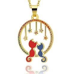 Coloré Collier pendentif pleine lune avec double chat et étoile, bijoux cadeau fête des mères femme, or, or, 16.34 pouce (41.5 cm)