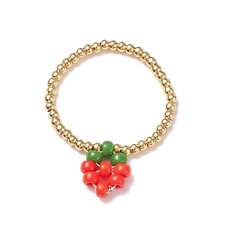 Strawberry Glass & Brass Braided Fruit Finger Ring for Women, Colorful, Strawberry Pattern, US Size 9(18.9mm)