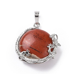 Red Jasper Natural Red Jasper Pendant, with Brass Finding, Half Round with Dragon, Platinum, 28~33x25~28x15~16mm, Hole: 5x8mm
