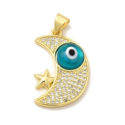 Deep Sky Blue Rack Plating Brass Micro Pave Clear Cubic Zirconia Pendants, with Handmade Evil Eye Lampwork, Cadmium Free & Lead Free, Long-Lasting Real 18K Gold Plated, Moon with Star Charm, Deep Sky Blue, 25x16.5x4mm, Hole: 5x3.5mm