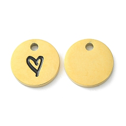 Golden Ion Plating(IP) 304 Stainless Steel Manual Polishing Charms, with Enamel, Flat Round with Heart, Golden, 14x2mm, Hole: 2mm