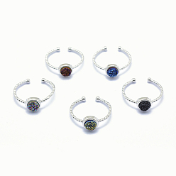 Platinum Electroplate Natural Druzy Agate Cuff Finger Rings, with Brass Findings, Platinum, 19mm, 1.5~2.5mm