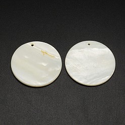 Creamy White Flat Round Freshwater Shell Pendants, Creamy White, 38x3mm, Hole: 2mm