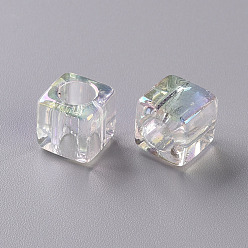 Clear AB Transparent Acrylic European Beads, AB Color Plated, Large Hole Beads, Cube, Clear AB, 10x10x10mm, Hole: 6mm