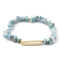 Larimar Chip Natural Larimar Stretch Beaded  Bracelets, with Brass Linking Ring and Round Beads, Golden, Inner Diameter: 2-1/8 inch(5.5cm)