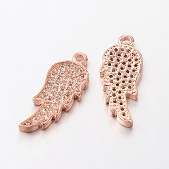 Rose Gold Brass Micro Pave Cubic Zirconia Pendants, Wing, Lead Free & Nickel Free, Rose Gold, 20x8x2mm, Hole: 1mm