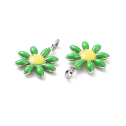 Lime 304 Stainless Steel Charms, with Enamel, Stainless Steel Color, Flower, Lime, 10x7.5x2mm, Hole: 1mm