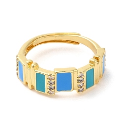 Dodger Blue Enamel Rectangle Adjustable Ring with Cubic Zirconia, Real 18K Gold Plated Brass Ring, Cadmium Free & Lead Free, Dodger Blue, US Size 6(16.5mm)