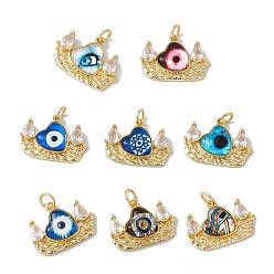 Mixed Color Brass Micro Pave Clear Cubic Zirconia Pendants, with Eye Resin and Jump Rings, Lead Free & Cadmium Free, Boat with Heart Charm, Real 18K Gold Plated, Mixed Color, 17x22.5x4.5mm, Hole: 4mm