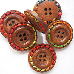 Brun Saddle Rondes 4-holebuttons avec du fil coloré enveloppés, Boutons en bois, selle marron, 25 mm de diamètre