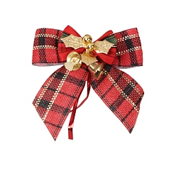 Fuego Ladrillo Bowknot de patrón de tartán de lino con decoración colgante de campana, para adornos colgantes de árboles de navidad, ladrillo refractario, 80x80 mm