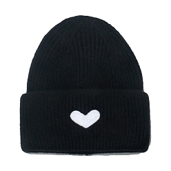Noir Bonnet à revers en fil de fibre de polyacrylonitrile, bonnet d'hiver en tricot à motif de cœur pour femmes, noir, 560~580mm
