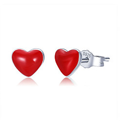 Red Rhodium Plated 925 Sterling Silver Enamel Stud Earrings, Heart, with 925 Stamp, Real Platinum Plated , Red, 5x6mm